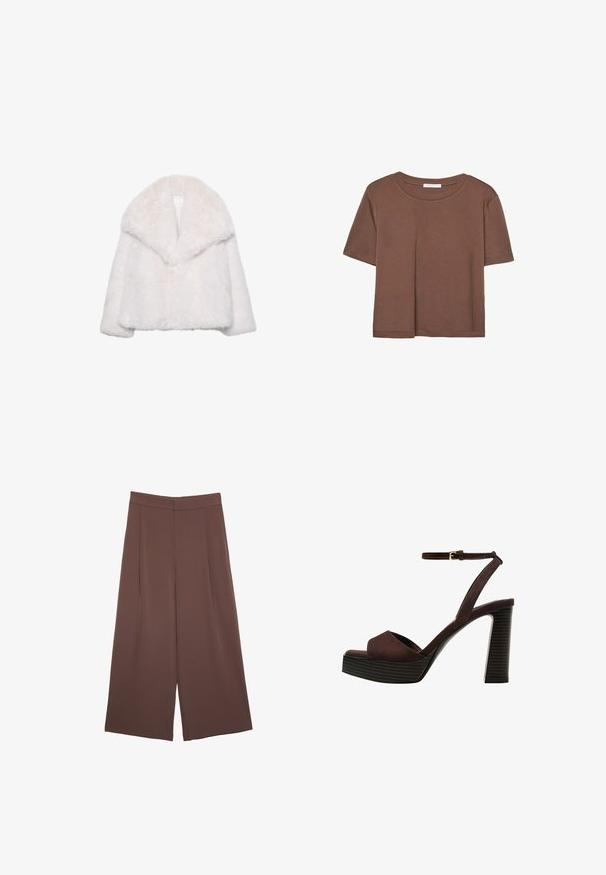 Hvid faux fur jakke med en bred reverskrave, cropped design og blød tekstur. Har et rent, udekoreret indre.; Brun kortærmet t-shirt lavet af blødt stof, med rund halsudskæring og afslappet pasform. Ingen synlige mønstre eller detaljer.; Brune bredbunde bukser med en glat tekstur, der har høj talje og plisseringer foran. Stoffet er let og falder løst.; Brune ruskinds højhælede sandal med åben tå, justerbar ankelrem og en stribet plade sål.