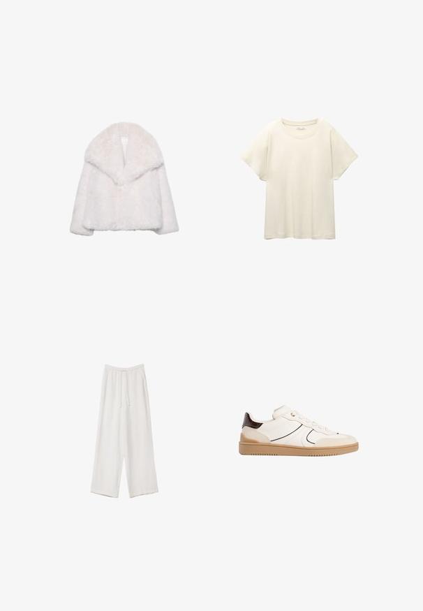 Valkoinen keinokarvaturkki, jossa on leveä kauluskollari, lyhyt malli ja pehmeä rakenne. Sisältää siistin, koristeluista vapaan sisäpuolen.; Vaaleanbeige lyhythihainen t-paita, jossa on pyöreä kaula-aukko, valmistettu pehmeästä ja sileästä kankaasta. Ominaisuuksina rento mitta ja suora helma.; Valkoiset leveälahkeiset housut kevyestä kankaasta. Ominaisuuksiin kuuluu elastinen vyötärö, jossa on nauhakuuluma ja sivutaskut. Sileä rakenne.; Stradivarius Matalavartiset tennarit - white