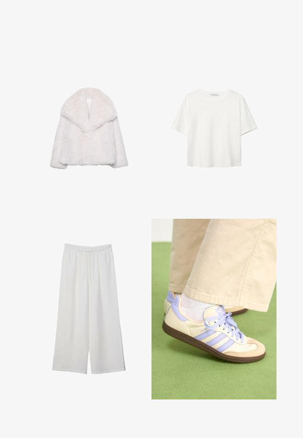 Hvid faux fur jakke med en bred reverskrave, cropped design og blød tekstur. Har et rent, udekoreret indre.; Hvid kortærmet t-shirt lavet af bomuld. Har en rund halsudskæring og en afslappet pasform. Glat tekstur uden synlige mønstre eller detaljer.; Hvide vidde bukser lavet af letvægtsstof, med en elastisk talje og snøre for justerbar pasform. Glat tekstur.; Creme og lavendel sneakers med tre striber og en tekstureret brun sål, der har snørebånd og en polstret hæl. Blødt stof øvre.