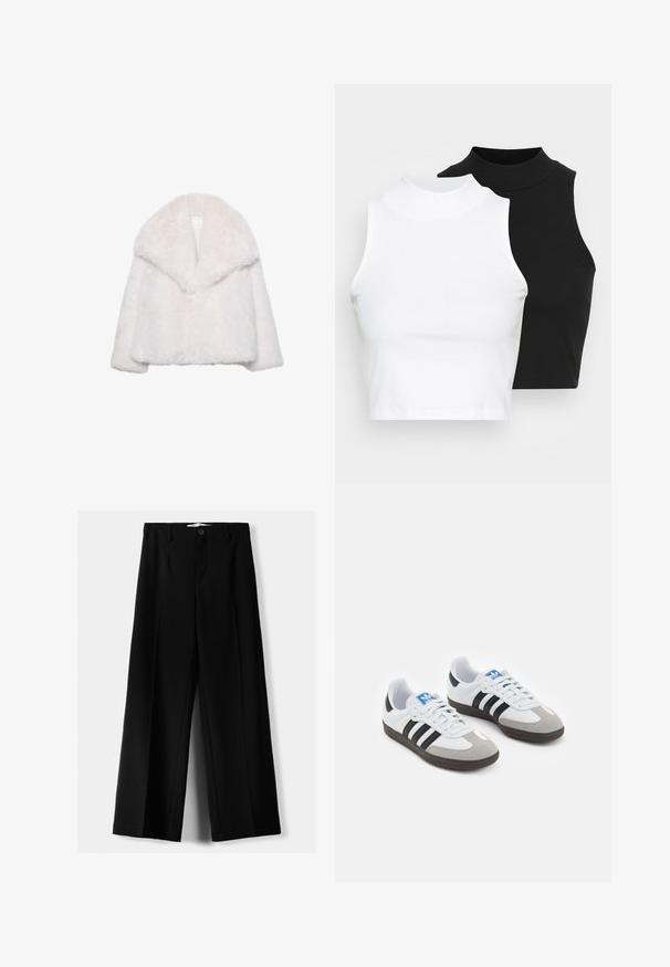 Bela umetna bunda iz faux krzna z širokim ovratnikom, krajša zasnova in mehak tekstura. Ima čisto, neokrašeno notranjost.; Dva brezrokavniki z rebrasto turtleneck gorami v črni in beli barvi, z oblikovanim dizajnom in gladko teksturo, v skrajšani dolžini.; Črne široke hlače iz lahkega materiala, z zapiranjem na gumb spredaj in ravnim sprednjim delom, s skrbno zašiti robovi.; Športni čevlji z belim usnjenim zgornjim delom, sivim semišem na prstih in tremi črnimi črtami. Imajo modro logo na jeziku in teksturiran gumijast podplat.