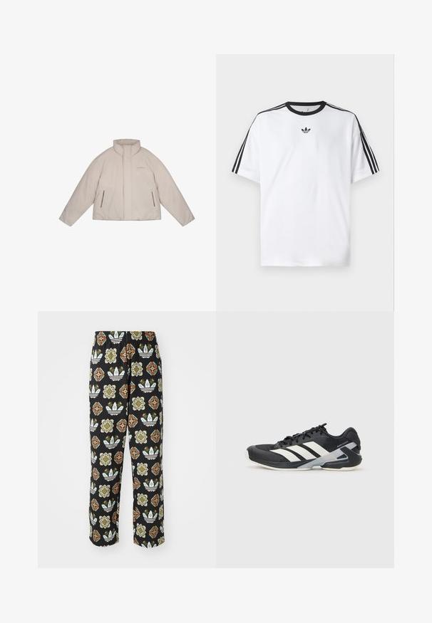 Casaco bege acolchoado com colarinho alto, bolsos laterais com fecho e um design elegante, apresentando um logo subtil na parte da frente.; Camiseta branca em algodão, com gola redonda preta e três riscas pretas em cada ombro. Pequeno logótipo preto no peito.; Calças pretas com um padrão intricado de várias formas, incluindo desenhos florais e riscas em laranja, verde e branco.; Sapata atlética preta com riscas brancas, parte superior em malha, biqueira arredondada e sola acolchoada. Apresenta um calcanhar texturizado e um sistema de atacadores seguro.