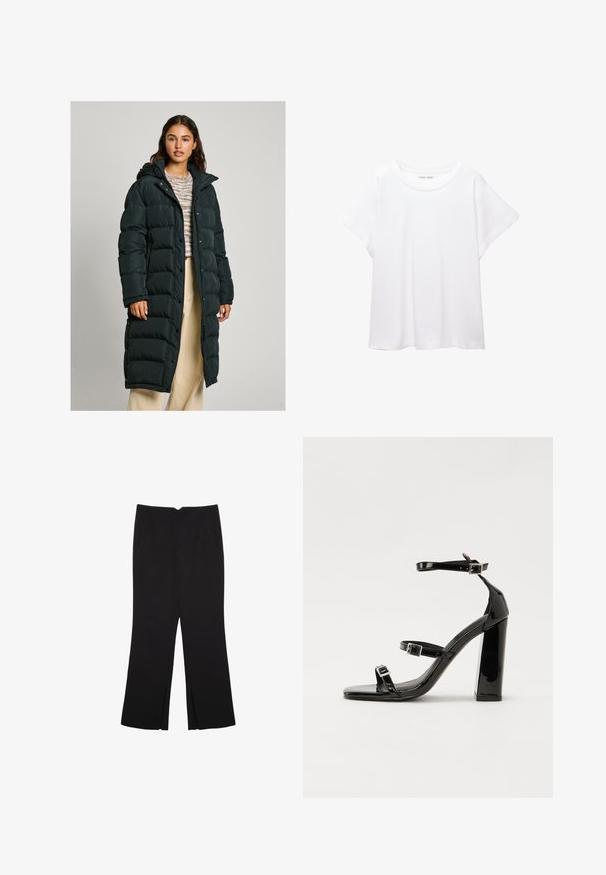 Duga, tamna puffer jakna s kapuljačom, sa šivanim dizajnom, kopčanjem na dugmad i rajsferšlus, te elastičnim manžetama. Nosa se preko džemperice s uzorkom.; Bijela majica od mekane, lagane tkanine. Ima okrugli izrez i kratke, široke rukave s ležernim krojem. Bez vidljivih uzoraka.; Crne hlače ravnog kroja, s prednjim džepovima i bočnim prorezima na rubu. Izrađene od mekog i glatkog materijala. Pogodne za razne prigode.; Crne lakirane sandale na visoku petu s dva remena s kopčama, kvadratnim vrhom i masivnom blok petom, s glatkom, sjajnom teksturom.