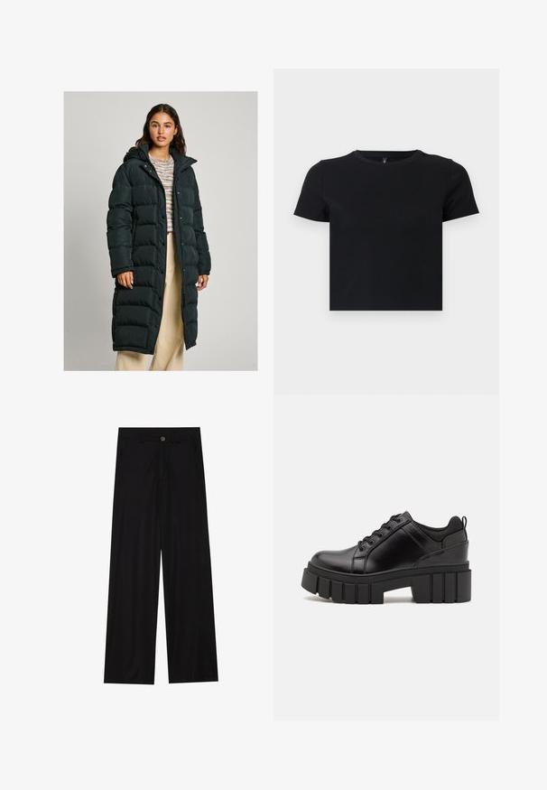 Dlouhá, tmavá péřová bunda s kapucí, se štepovaným designem, drukovým a zipovým zapínáním a elastickými manžetami. Nositá přes vzorovaný svetr.; Černé tričko s krátkým rukávem vyrobené z jemné bavlny. Má kulatý výstřih a těsně přiléhající střih. Hladká textura bez vzorů nebo akcentů.; Široké černé kalhoty vyrobené z hladkého materiálu, s předními kapsami a zapínáním na knoflík v pase. Minimalistický design bez vzorů.; Černé kožené platformové boty s masivním blokovým podpatkem, kulatou špičkou a tradičním šněrováním. Mají hladký povrch a minimální detaily.