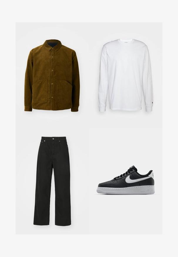 Pruunist korduroy'ist jakk, millel on kraed, esine nööbiga kinn closure ning kaks suurt esikotti. Pehme tekstuur ja mugav lõige.; Valge pika varrukaga T-särk, mis on valmistatud puuvillast. Ümmargune kaelus, ribaga mansetid ja väike logo vasakul varrukal. Sile tekstuur.; Mustad denim püksid otse säärekujundusega, viie tasku, nööpkinnituse ja klassikalise vöökoha. Sile tekstuur.; Must musta sneaker tekstureeritud pinnaga, valge Nike logo, hall tald, ümar varv ja paeltega disain. Omab perforatsioone varbakasti peal.