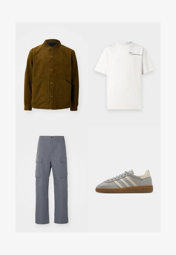 Brūns kordūras žakets ar apkakles kakla izgriezumu, priekšpuses pogu aizdari un divām lielām priekšējām kabatām. Mīksta tekstūra un brīvs piegriezums.; Balts kokvilnas T-krekls ar īsām piedurknēm, apaļu kakla izgriezumu un melnu uzdrukātu tekstu uz krūtīm: "Carhartt Work in Progress 1989."; Pelēki kravas bikses, kas izgatavotas no izturīga auduma. Iespējas ietver elastīgu vidukli, divas lielas sānu kabatas un taisnu kāju piegriezumu.; Pelēki zamšādē sneakers ar gaiši pelēkiem ādas svītrainēm un gumijas zoli. Iespējas ietver šņorēšanu un smalku zīmolu uz mēles.