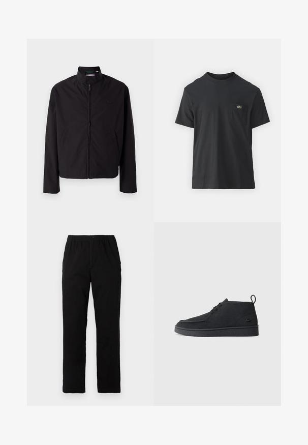 Black lightweight jacket, zip closure, stand-up collar, side pockets, smooth fabric, minimalistic design with logo accent on the chest.; Black cotton t-shirt with short sleeves, round neckline, and a small green logo on the left chest pocket. Simple design, regular fit.; Black pants made of cotton blend fabric, featuring a straight cut, elastic waistband with button, and no visible patterns or accents.; Black suede lace-up ankle boot with pull tab and textured sole, featuring small embossed crocodile logo on the side.