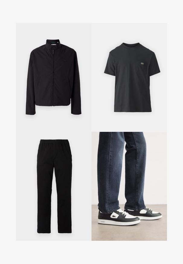 Črna lahka jakna, zadrga, dvignjen ovratnik, stranska žepa, gladka tkanina, minimalističen dizajn z logotipom na prsih.; Črna bombažna majica s kratkimi rokavi, okroglo ovratnikom in majhnim zelenim logotipom na levem žepu. Preprost dizajn, redna prileganje.; Črne hlače iz mešanice bombaža, s ravnim krojem, elastičnim pasom z gumbom in brez vidnih vzorcev ali akcentov.; Črno-bele Lacoste superge z zgornjim delom iz teksturirane usnje, s čipkastim zapiranjem in belim gumijastim podplatom. Oblečene z temnimi kavbojkami.