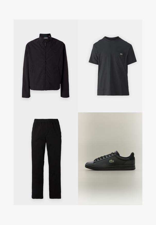 Black lightweight jacket, zip closure, stand-up collar, side pockets, smooth fabric, minimalistic design with logo accent on the chest.; Black cotton t-shirt with short sleeves, round neckline, and a small green logo on the left chest pocket. Simple design, regular fit.; Black pants made of cotton blend fabric, featuring a straight cut, elastic waistband with button, and no visible patterns or accents.; Black low-top leather sneaker with black laces featuring a green crocodile logo on the side, set against a plain neutral background.