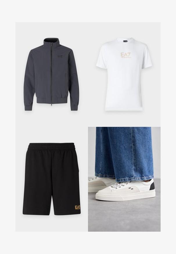 Neutral dark gray jacket with a stand-up collar, front zipper, and elastic cuffs. Features a logo on the upper left side. Smooth texture.; White cotton t-shirt featuring a round neckline and short sleeves, with a gold EA7 Emporio Armani logo printed on the front.; Black athletic shorts made of soft fabric,Featuring an elastic waistband and a small yellow EA7 logo on the lower left leg.; White and black sneakers with a smooth leather upper, textured accents, and a chunky white sole. Features a classic lace-up design.