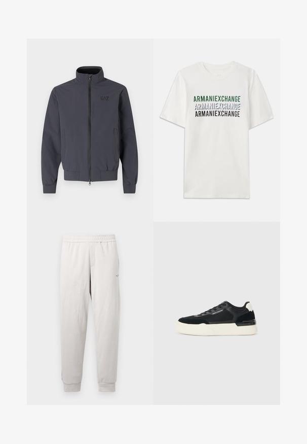 Neutraalne tumehall jakk, millel on püstine krae, eesne lukuga ja elastsete mansettidega. Ülemisel vasakul küljel on logo. Sujuv tekstuur.; Valge puuvillane T-särk, millel on korduv kiri "ARMANIEXCHANGE" rohelises, sinises ja mustas värvitoonis. Lühikesed varrukad ja klassikaline ümar kaelus.; Sinate hallid kergelt hallidest spordipüksidest, millel on elastne vöökoht, küljetaskud, ribadega mansetid ja diskreetne bränding jalal, valmistatud pehmest kangast.; Must musta, mis on valmistatud võrkmaterjalist ja nahast, pakub paksu valget tallat ja kontrastseid aktsente. Paelad ja logo detail külje peal.