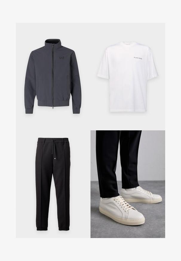 Neutraalne tumehall jakk, millel on püstine krae, eesne lukuga ja elastsete mansettidega. Ülemisel vasakul küljel on logo. Sujuv tekstuur.; Valge lühikeste varrukatega T-särk puuvillast, V-kaelusega, millel on must "FILLING PIECES" logo trükitud vasakule poole.; Mustad püksid, millel on vöökoht, nöörikinnitus ja elastsed varrukad. Omab volange ja sileda, tekstuuriga kangast.; Kergedbežsest nahkkingad lamepaeltega, reljeefse pinnaga ja kontrastse kreemivärvi kummitallaga, kombineeritud mustade kitsaste pükstega.