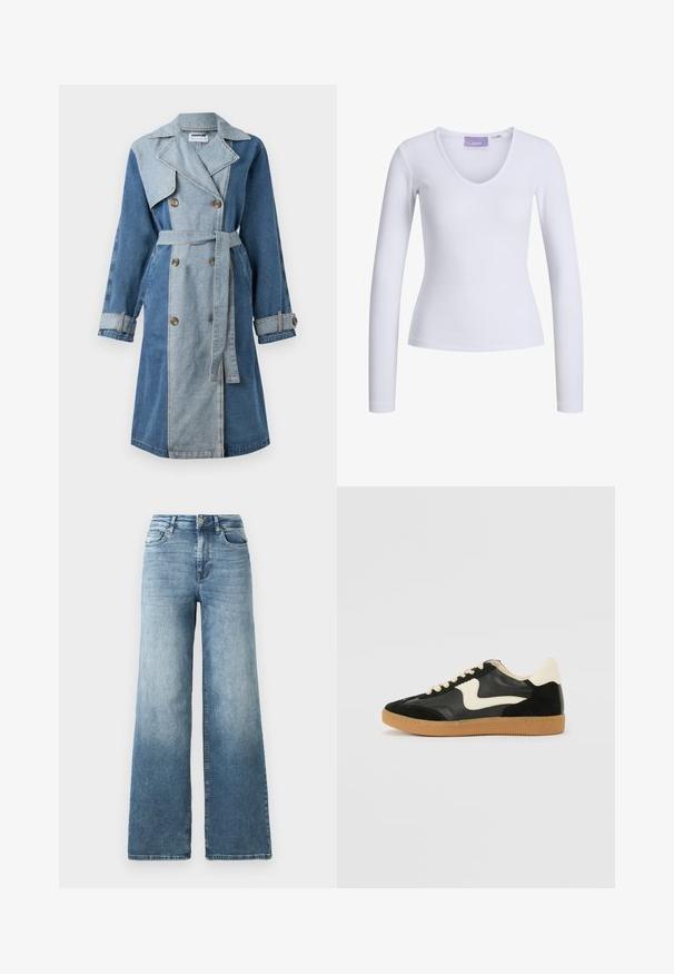Denim trench coat featuring a double-breasted front, mixed shades of blue, wide lapels, belted waist, and buttoned cuffs.; White long-sleeve top featuring a ribbed texture and a V-neck design. Tag visible inside neck with brand name "JJXX."; Wide-leg denim jeans in light blue wash, featuring a high waist, five-pocket design, and subtle fading on the fabric. Classic metal button closure.; Black suede and leather sneaker with a cream side swoosh and light cream heel. Features beige laces and a gum rubber outsole.