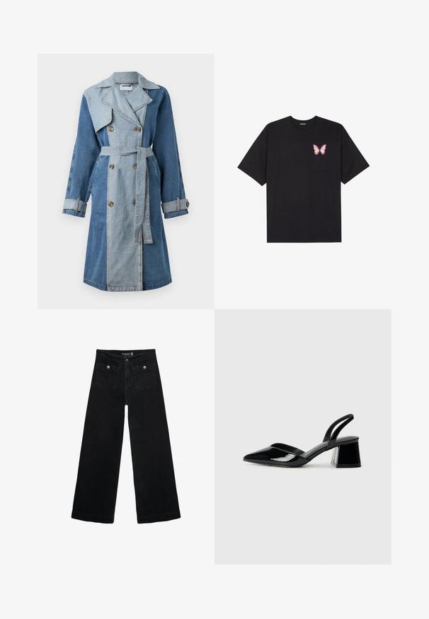 Denim trenčkot s dvouřadým zapínáním, smíšenými odstíny modré, širokými klopami, páskem v oblasti pasu a knoflíkovými manžetami.; Černé bavlněné tričko s krátkým rukávem, na levém prsou s malou grafikou růžové motýlky. Design s kruhovým výstřihem a volným střihem.; Černé široké džíny s vysokým pasem, obsahující dvě přední kapsy a kovové knoflíkové detaily. Látka má hladkou texturu.; Černé lakované kožené lodičky na pásku s špičatou špičkou a geometrickým blokovým podpatkem. Vyznačují se elegantním, minimalistickým designem a hladkým povrchem.