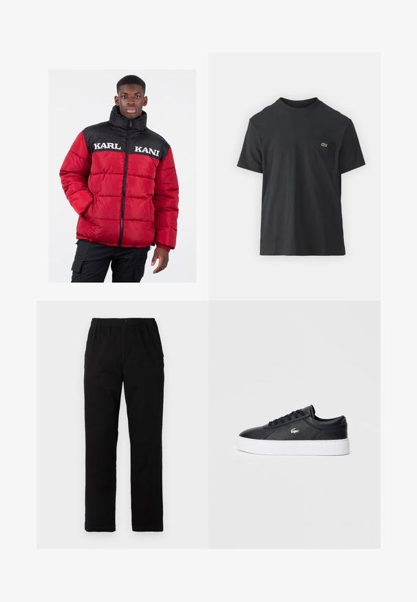 Crvena puffer jakna s crnom gornjom sekcijom, s visokim kragnom i bijelim natpisom "KARL KANI" preko prsa. Zatvaranje na zip, prešani teksturirani materijal.; Crna pamučna majica s kratkim rukavima, okruglim izrezom i malim zelenim logotipom na lijevoj strani džepa. Jednostavan dizajn, regularni kroj.; Crne hlače od pamuka s dodatkom, ravnog kroja, s elastičnim pojasom i dugmetom, bez vidljivih uzoraka ili ukrasa.; Crne kožne tenisice s okruglim vrhom, tonu vezicama i podstavljenim ovratnikom. Imaju bijelu platformu i mali logotip kao akcent.