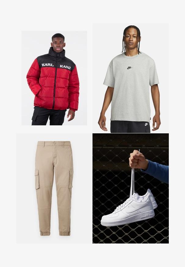Punane puhvrikate musta ülaosaga, millel on kõrge krae ja valge bränding "KARL KANI" rinna peal. Ees lukuga, quiltitud tekstuur.; Noor, kellel on punutud juuksed, kannab heledat halli Nike T-särki ja musti Nike lühikesi pükse,neutraalset valget tausta vastu.; Beežid cargo-püksid kergest puuvillaste materjalist. Omab elastseid varrukatükke, mitmeid külgpocket'ite ja nööbiga sulgemist.; Valged nahast tennisetossud, millel on perforatsioonid, ümar nina, lame tallus ja paksud nöörid, nähtava swooshi logoga ja "AIR" kontsadel.