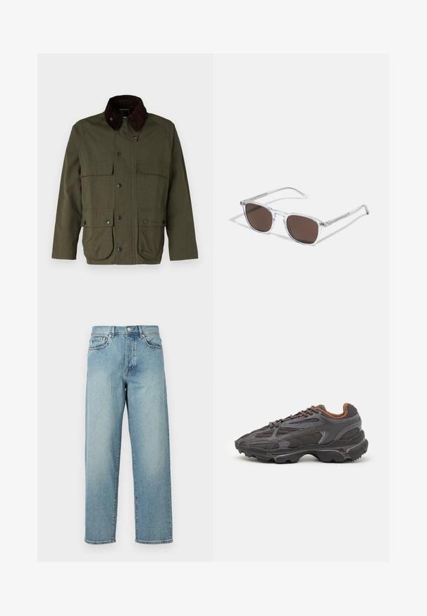 Olive green jacket with a corduroy collar, featuring three front pockets with snap closures and a slight sheen to the fabric.; Black long-sleeve t-shirt made of cotton, featuring a round neckline and a small green embroidered crocodile logo on the left chest.; Light blue denim jeans with a loose fit, straight legs, five-pocket design, and a button closure at the waist. Minimalistic stitching detail.; Lacoste sneakers in dark gray with mesh and synthetic material, featuring a textured sole and brown accents on the collar and branding.; Clear plastic sunglasses with rectangular brown lenses, featuring thin, transparent arms and metal accents on the temples.
