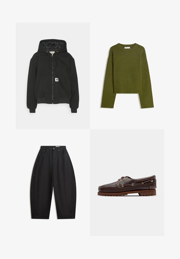 Crna dukserica s kapuljačom ima zatvarač sprijeda, elastične manžetne, veliki prednji džep i podstavu s kviltom. Na džepu je oznaka Carhartt.; Maslinasto zeleni pleteni džemper s okruglim izrezom, dugim rukavima i rebrastim rubom. Ima skraćeni dizajn s mekanim, teksturiranim završetkom.; Crne široke hlače od pamuka, s visokim strukom, pet džepova i kopčanjem na metalnu dugmad. Glatka tekstura i bez vidljivih uzoraka.; Smeđe kožne čamce cipele s zlatnim okomitim rupicama, okruglim vezicama i teksturiranom smeđom gumiranom potplatom. Ima stišnjene detalje i uzdignuti logo.