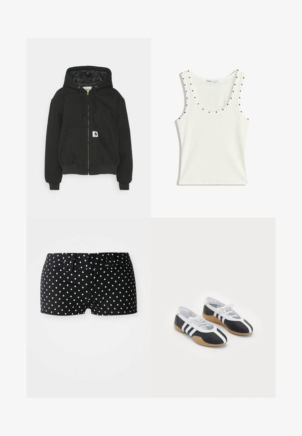 Schwarzer Kapuzenpullover mit Reißverschluss vorne, elastischen Bündchen, einer großen Vordertasche und einem gesteppten Innenfutter. Carhartt-Logo-Patch auf der Tasche.; Weißes ärmelloses Tanktop aus geripptem Stoff, mit schwarzen Nieten am Ausschnitt und den Armöffnungen. Einfaches, figurbetontes Design.; Schwarze Shorts mit weißen Punkten, ausgestattet mit Gürtelschlaufen und einem taillierten Bund auf einem schlichten weißen Hintergrund.; Schwarz-weiße Sportschuhe mit einem eleganten Design, Gummisohle, Schnürverschluss und drei weißen Streifen an den Seiten.