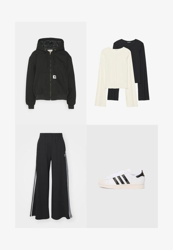 Zwarte hoodie met ritssluiting aan de voorkant, elastische manchetten, een grote zak aan de voorkant en een gewatteerde voering. Carhartt logo patch op de zak.; Set van twee longsleeve tops in wit en zwart. Geribbelde textuur, ronde hals, aansluitend ontwerp met licht uitlopende mouwen.; Zwarte wijde sweatpants met een elastische tailleband, met witte zijstrepen en een geborduurd logo op de linker dij.; Witte sneaker met zwarte gestructureerde strepen en accenten; heeft een rubberen neuskap, platte veters en demping rond de enkel.
