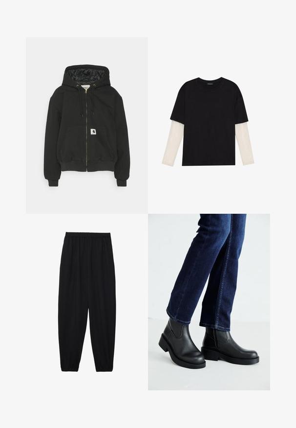 Svart hettegensere med glidelås foran, elastiske mansjetter, stor lomme foran og quiltet innerfôr. Carhartt-logo merket på lommen.; Svart T-skjorte laget av bomull, med korte ermer over et hvitt langermet lag med en subtil teksturert mønster. Rund hals design.; Svarte, lette bukser med elastisk liv og rynkede ankler. Stoffet er glatt og har en avslappet, innsvingt design.; Sorte lær ankelsko med en kraftig såle og elastiske paneler på siden, kombinert med mørkeblå jeans. Underlaget er lyst.