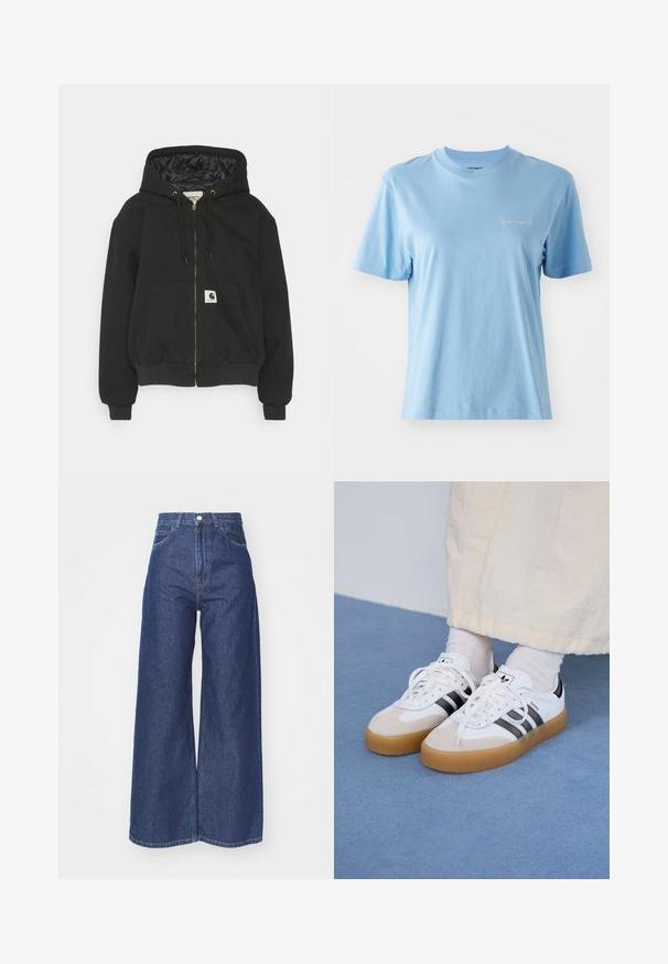 Zwarte hoodie met ritssluiting aan de voorkant, elastische manchetten, een grote zak aan de voorkant en een gewatteerde voering. Carhartt logo patch op de zak.; Korte mouwen, ronde hals t-shirt van zacht katoen in lichtblauw, met een klein wit Carhartt-logo op de borst. Zachte textuur.; Wijd-uitlopende jeans van donkerblauwe denim. Hoge taille met een ritssluiting en knoopsluiting. Bevat klassieke vijf-pocket styling en gezoomde randen.; Witte sneakers met zwarte strepen en beige suède accenten. Voorzien van een gestructureerde gumzool en platte witte veters, gedragen met lichtgekleurde sokken.