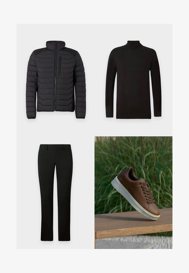 Juodas izoliacinis striukė su siuvinėtu dizainu, aukštu apykaklės, užtrauktuku priekyje ir krūtinės kišenė. Yra nuoseklūs pečių akcentai.; Juodas merinos vilnos megztinis su aukšta apykakle. Ilgos rankovės ir prigludęs siluetas su gaubtu ir apačia sudarytais iš įripto audinio. Minimalus ženklinimas.; Juodos kelnės su pritaikytu šiuolaikiniu siluetu, pasižyminčios sklandžiu paviršiumi ir tiesaus kirpimo dizainu. Juosmuo turi diržo kilpas ir tvarkingą apdailą.; Rudos odinės sportinės bateliai su balta guma padais, suapvalinta nosimi ir rudomis raišteliais. Tekstūruota atrama ant padais ir lygus paviršius viršuje.