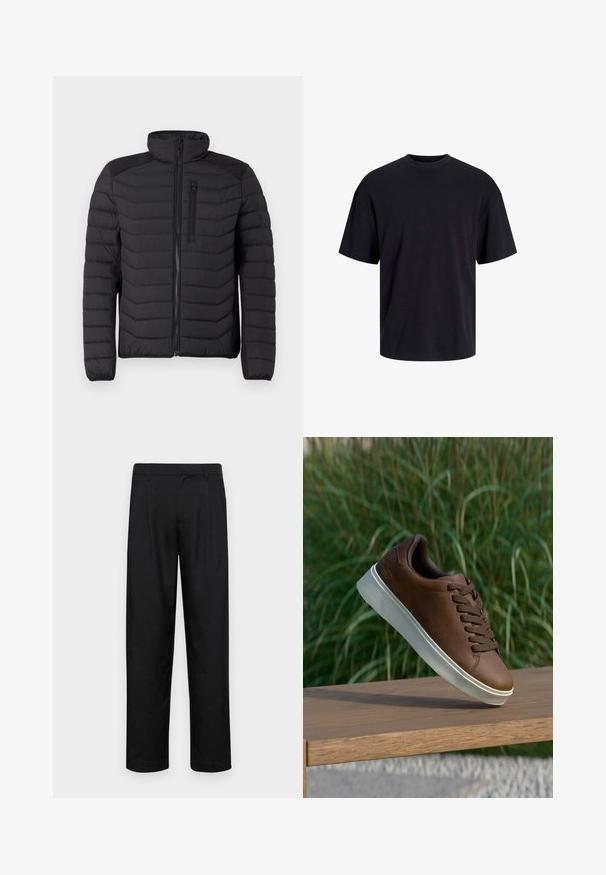 Giacca nera isolata con design trapuntato, colletto alto, chiusura con zip e tasca sul petto. Presenta dettagli testurizzati sulle spalle.; T-shirt in cotone nero con collo rotondo, maniche corte e vestibilità morbida. Texture liscia senza pattern o dettagli visibili.; Pantaloni neri realizzati in tessuto liscio, caratterizzati da un taglio dritto, due pieghe frontali e una vita standard con passanti per la cintura.; Sneaker in pelle marrone con suola in gomma bianca, punta arrotondata e lacci marroni. Grip testurizzato sulla suola e finitura liscia sulla parte superiore.