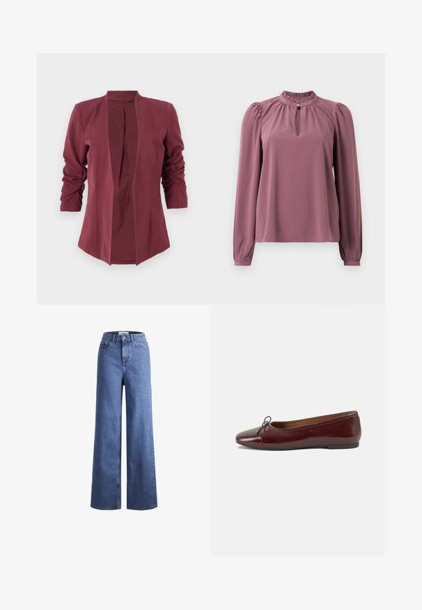 Bordeaux blazer med lange ærmer, en frontåbning og subtile plisseringsdetaljer. Lavet af glat stof med en skræddersyet silhuet og uden lukninger.; Langermet mauve bluse med samlet krave, nøglehul-udskæring med knaplukning og let puffede skuldre.; Lyseblå denim brede bukser med høj talje, to frontlommer og synlige stikninger. Har en knap- og lynlåslukning.; Bordeaux patentlæder balletflad med rund tå, lille sløjfeaccent foran og en lav, sort gummisål. Glat tekstur.