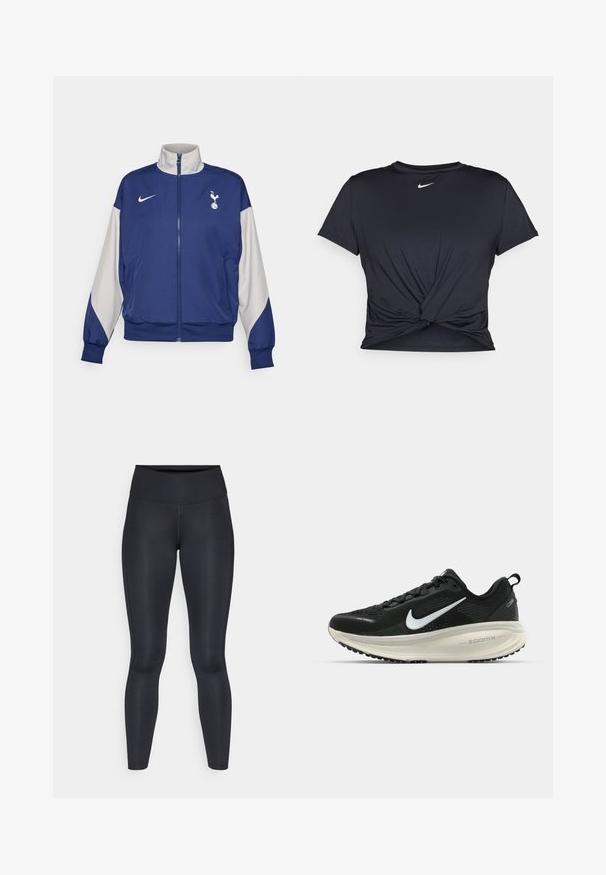 Mornarsko moder zip-up jopič z sivo-sivimi rokavi, z visokim ovratnikom, logotipom Nike in emblemom Tottenham Hotspur. Izdelan iz gladkega materiala.; Črna atletska majica iz gladkega materiala, z vozlanim sprednjim delom in majhnim belim logotipom Nike na prsih.; Črne legice narejene iz gladkega, elastičnega materiala. Visok pas brez vidnih vzorcev ali dodatkov. Tesno se prilegajo od pasu do gležnjev.; Črne Nike tekaške čevlje z zračno mrežno zgornjim delom, belim logotipom Swoosh, teksturiranimi detajli in smetanasto barvnim srednjim delom ZoomX.