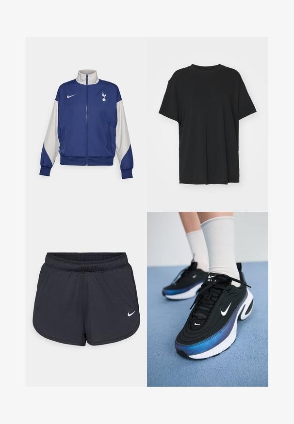 Tumedast sinine jakki, millel on hallid varrukad, kõrge kaeluse, Nike logo ja Tottenham Hotspuri embleem. Valmistatud siledast kangast.; Must have lühikeste varrukatega must t-särk, mis on valmistatud siledast kangast, ümmarguse kaelusega ja laia lõikega. Omab külgslitsid, mis pakuvad lisamugavust ja hingavust.; Mustad mustikud mustad lühikesed püksid, mis on valmistatud kerge ja hingava kangaga. Omab elastset vööd ja valget Nike logo alumises paremas nurgas.; Mustad mustad Nike tossud, millel on sujuv kangaste ülemine osa ja gradientne sinine-must disain, valge tallaga ja silmatorkavate logode aktsentidega.
