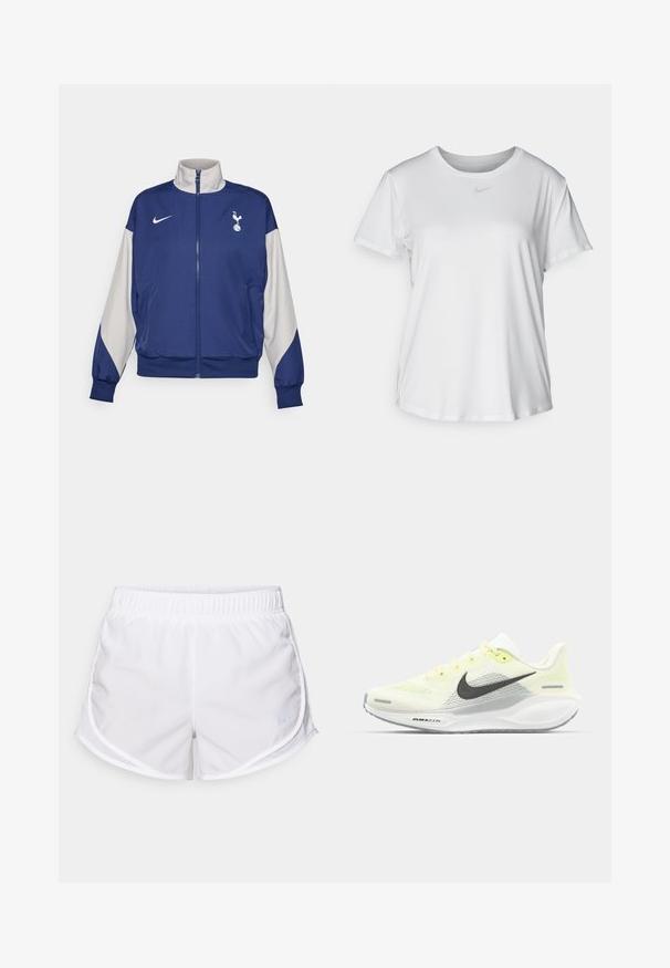 Tummansininen vetoketjullinen takki harmailla hihoilla, jossa on korkea kaulus, Nike-logo ja Tottenham Hotspur -symboli. Valmistettu sileästä kankaasta.; Valkoinen lyhythihainen T-paita, joka on valmistettu sileästä kankaasta. Paidoissa on pyöreä kaula-aukko ja rintaan on painettu pieni harmaa Nike-logo.; Valkoiset urheilushortsit, jotka on valmistettu kevyestä ja hengittävästä kankaasta. Ominaisuuksina joustava vyötärö ja verkkomaiset sivupaneelit, sekä pieni sininen logon yksityiskohta.; Nike juoksukengät, joissa on vaaleankeltainen ja valkoinen verkko-osa, harmaita yksityiskohtia ja joustava kumipohja. Varusteet nauhakiinnityksellä.
