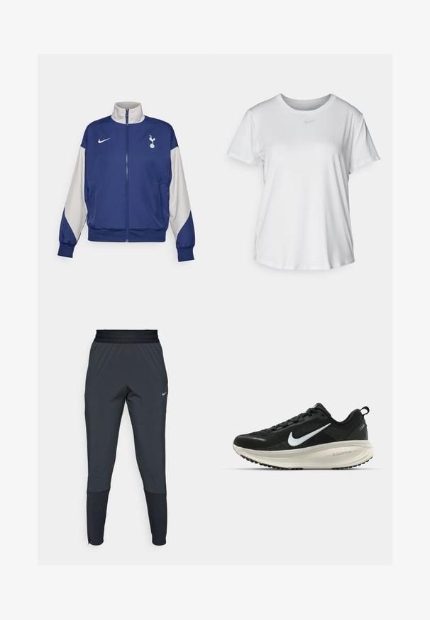 Navy blue zip-up jacket with gray sleeves, featuring a high collar, Nike logo, and Tottenham Hotspur emblem. Made from smooth fabric.; White short-sleeve T-shirt made of smooth fabric, featuring a round neckline and a small grey Nike logo on the chest.; Nike athletic pants in dark gray, featuring a tapered leg design, elastic waistband, and accent details near the cuffs.; Black Nike running shoe with breathable mesh upper, white swoosh logo, textured detailing, and a cream-colored ZoomX midsole.