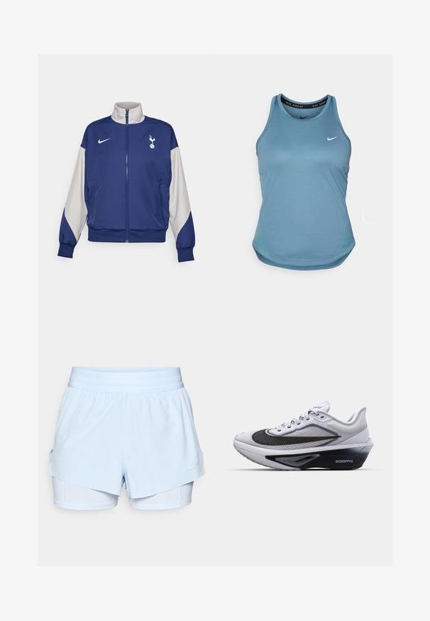 Giacca zip-up blu navy con maniche grigie, dotata di colletto alto, logo Nike ed emblema del Tottenham Hotspur. Realizzata in tessuto liscio.; Canotta da corsa Nike di colore blu chiaro con scollo a girocollo, design senza maniche e orlo curvo. Presenta un piccolo logo Nike bianco sul petto.; Pantaloni sportivi azzurri chiaro con un design a strati, elastico in vita e shorts interni. Presenta il logo Nike sul lato destro.; Scarpa atletica bianca con tomaia in rete, caratterizzata da un logo swoosh curvato nero, suola con ammortizzazione ZoomX e un design testurizzato per la traspirabilità.