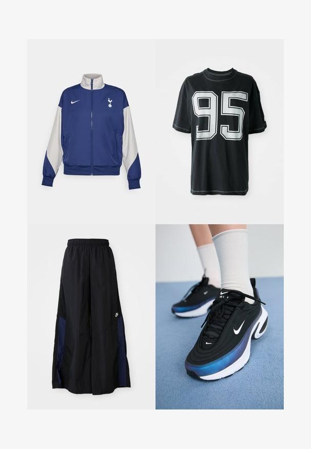 Marineblå hettejakke med grå ermer, og har høy krage, Nike-logo og Tottenham Hotspur-emblem. Laget av glatt stoff.; Svart bomull T-skjorte med korte ermer, med hvit trykket nummer "95" foran og kontrasterende søm langs kantene.; Svarte vide bukser laget av lett stoff, med et marineblått sidestykke og elastisk midjebånd. Liten hvit logo nederst.; Sorte Nike joggesko med en glatt stoffoverdel, med et gradientdesign fra blått til svart, hvit såle og fremtredende logoaksenter.