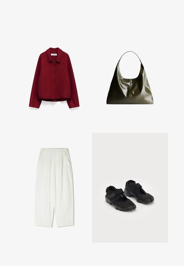 Rode wollen jas met een enkele bovenste knoop, puntige kraag, lange mouwen en twee zijzakken, gepresenteerd tegen een witte achtergrond.; Olijfgroene gebreide trui met een ronde hals, lange mouwen en een geribde zoom. Beschikt over een cropped ontwerp met een zachte, gestructureerde afwerking.; Losse, knielange witte broeken gemaakt van een lichte stof, met zijzakken en een gegomde elastische tailleband.; Zwarte waterschoenen gemaakt van flexibel materiaal met een klittenbandsluiting, met een unieke gesplitste te ontwerpen en een rubberen zool met textuur voor grip.; Olijfgroene leren schoudertas met een gladde, glanzende afwerking. Beschikt over een afgeronde bovenkant en een zachte, hangende vorm. Minimalistisch design.