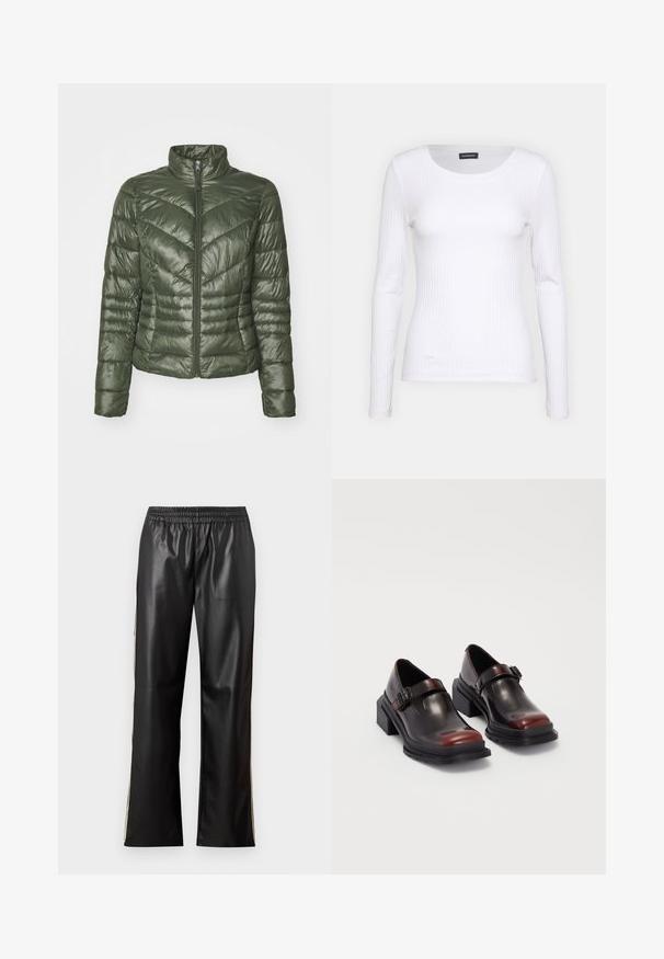 Jachetă căptușită de culoare verde închis, cu guler înalt, fermoar frontal și model de cusături în formă de V pentru textură și izolație.; Top alb cu dungi, cu mânecă lungă și guler rotund. Fabricat dintr-un material elastic care se îmbină cu corpul. Are linii orizontale subtile.; Pantaloni negri din piele ecologică cu talie elastică, design cu picior drept și dungi laterale contrastante. Textură netedă și stil minimalist.; Pantofi cu toc pătrat din piele, cu o finisare lucioasă de burgundă închisă, având o curea cu cataramă și un design cu vârf rotund. Talpa texturată pentru aderență.