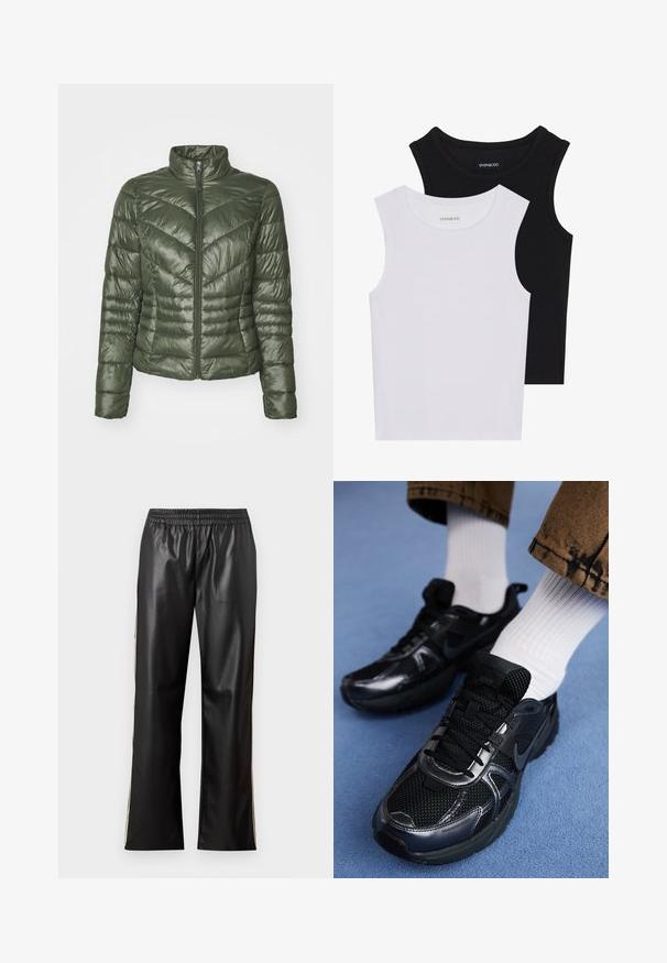 Giacca imbottita verde scuro, con colletto alto, zip frontale e motivo a chevron per texture e isolamento.; Due magliette senza maniche, in bianco e nero, realizzate in cotone a coste, con colli rotondi e un design aderente. Etichette visibili su entrambe.; Pantaloni neri in ecopelle con vita elasticizzata, design a gamba dritta e strisce laterali a contrasto. Texture liscia e stile minimalista.; Le scarpe da sport nere Nike presentano una tomaia in rete con dettagli lucidi, lacci neri e una suola texture. Abbinate a calzini bianchi a coste.