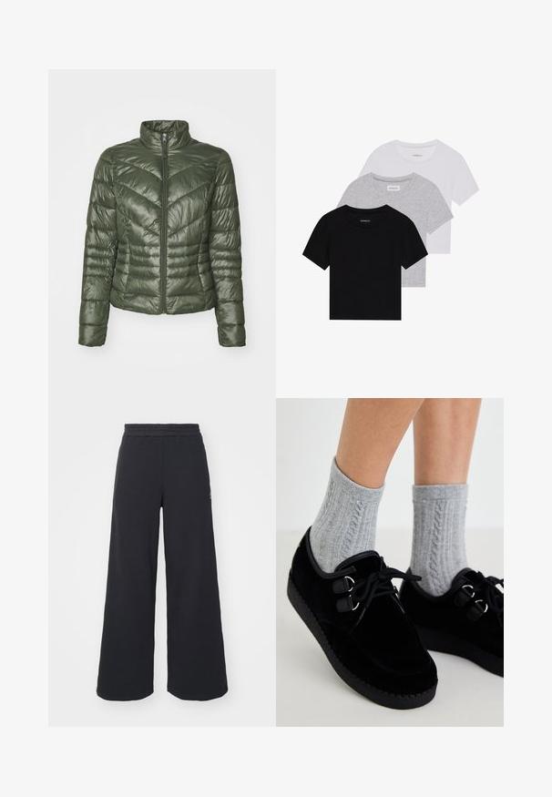 Jachetă căptușită de culoare verde închis, cu guler înalt, fermoar frontal și model de cusături în formă de V pentru textură și izolație.; Set de trei tricouri cu mâneci scurte, în negru, gri și alb. Fabricate din bumbac, cu guler rotund și un design simplu, de culoare uniformă.; Pantaloni de trening negri, cu picioare largi, confecționați dintr-un material moale, având un talie elastică și un logo mic pe partea stângă.; Pantofi din catifea neagră cu talpă plată, vârf rotund și două ochiuri. Purtați cu ciorapi gri din tricot cu model de sârmă. Textură netedă și design simplu.