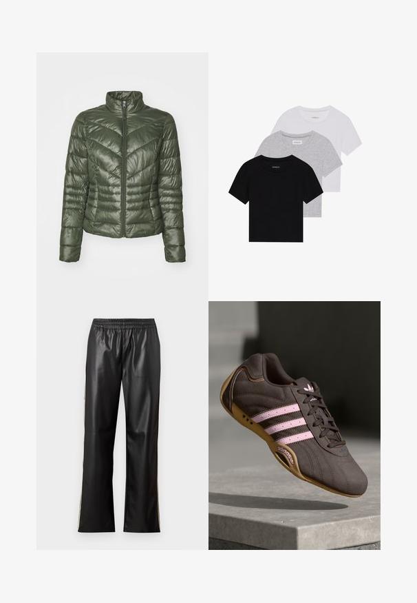 Padded jacket in dark green, featuring a high collar, front zipper, and chevron stitching pattern for texture and insulation.; Set of three short-sleeve t-shirts in black, gray, and white. Made from cotton, featuring a crew neck and a simple, solid color design.; Black faux leather pants with an elastic waistband, straight leg design, and contrasting side stripes. Smooth texture and minimalist style.; Brown suede athletic shoe with pink stripes and logo, featuring a textured upper, lace closure, and a gum rubber sole.