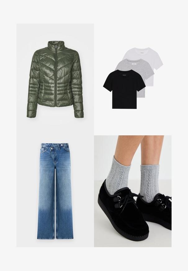 Tumedast roheline polsterdatud jakk, millel on kõrge käär, nööbid ees ja kitev nooline õmbluste muster tekstuuriks ja isoleerimiseks.; Kollektsioon kolm lühikese varrukaga T-särki mustas, hallis ja valges värvitoonis. Valmistatud puuvillast, ümmarguse kaelusega ja lihtsa, ühevärvilise disainiga.; Heledad sinised laiad püksid, millel on kulunud pesu, klassikalise viie taskuga disain ja metallnupukillad vööl.; Mustad sametjalatsid, lame tallaga, ümmarguse ninaga ja topeltaukudega. Kantud hallide kootud sokkidega. Sile tekstuur ja lihtne disain.