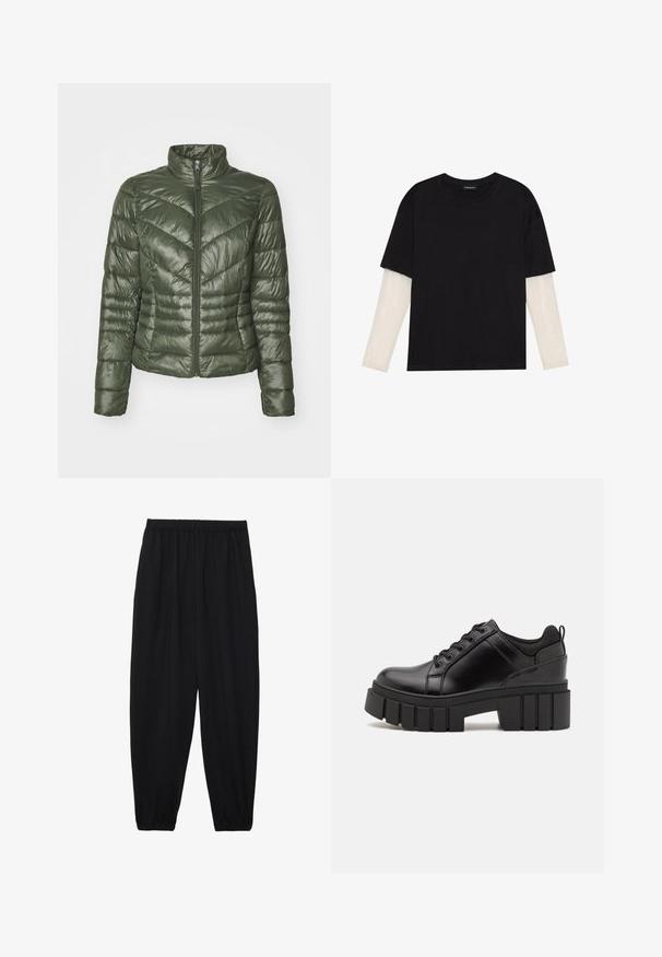Padded jakna u tamnozelenoj boji, s visokim ovratnikom, prednjim patentnim zatvaračem i chevron uzorkom za teksturu i izolaciju.; Crni majica od pamuka, s kratkim rukavima preko bijele dugorukave slojevite s suptilnim teksturiranim uzorkom. Dizajn s okruglim izrezom.; Crne, lagane hlače s elastičnom stražnjom pasicom i naboranim gležnjevima. Tkanina je glatka i ima opušteni, suženi dizajn.; Crne kožne platforme s debelim blok-peta, okruglim prstima i klasičnim dizajnom vezanja. Imaju gladak tekstur i minimalne detalje.