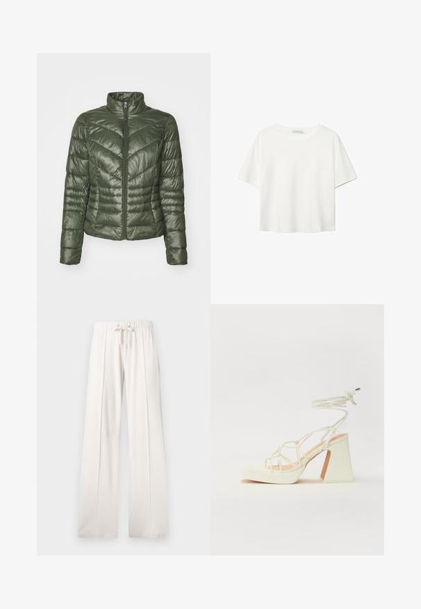 Podložena jakna temno zelene barve, z visokim ovratnikom, sprednjim zadrgo in črtastim šivanim vzorcem za teksturo in izolacijo.; Bela kratka majica s kratkimi rokavi iz bombaža. Ima okroglo izrezovanje in sproščen kroj. Gladka tekstura brez vidnih vzorcev ali poudarkov.; Svetlo bež trenirke, izdelane iz mehkega blaga, s punch rezom v pasu, širokimi nogami in vertikalnimi šivi ter gladko teksturo.; Bela sandala na visokih petah s debelim petam, ki ima obliko trakcev in vezanje okoli gležnja. Gladka tekstura z platformo spredaj za dodatno višino.