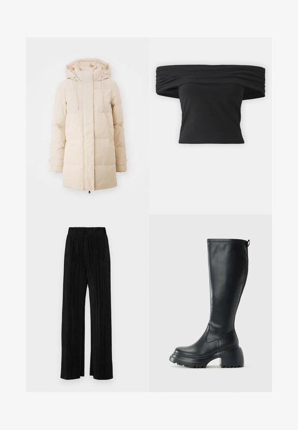 Beige dunjakke med hætte, der har lynlås-lukning, elastiske manchetter og quiltet design til isolering. Glat stofstruktur.; Sort off-the-shoulder top med samlet tekstur ved halsudskæringen, korte ærmer og en tætsiddende, cropped design. Fremstillet af strækbart materiale.; Sorte plisserede bukser med elastisk talje. Har brede ben og et glat, tekstureret stof med lodrette striber.; Høj sort læderstøvle med kraftig platformssål og blokhæl, med trækstrop og tekstureret sål.