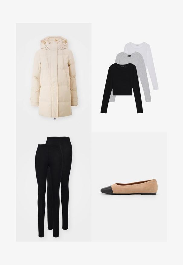 Cappotto imbottito beige con cappuccio, dotato di chiusura con zip, polsini elastici e design trapuntato per l'isolamento. Texture del tessuto liscia.; Tre magliette a maniche lunghe impilate: nera, grigia e bianca. Ognuna ha un colletto rotondo e un design accorciato con tessuto morbido e leggero.; Leggings neri in un tessuto liscio ed elastico con un alto elastico in vita. Presentano una silhouette aderente e un design alla caviglia. Due paia esposti.; Ballerine in suede beige con punta tonda in pelle nera, tacco basso e texture liscia, caratterizzate da cuciture minime e un design pulito.
