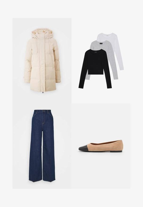 Beige pufferjacka med huva, med dragkedjestängning, elastiska ärmslut och quiltat mönster för isolering. Slät tygstruktur.; Tre långärmade tröjor staplade: svart, grå och vit. Var och en har en rund halsringning och en kort design med mjukt, lätt material.; Höga vida jeans i mörkblå denim med fram- och bakfickor, knäppning och synliga söm detaljer.; Beige mockasins med rund svart lädertå, låg klack och mjuk yta, med minimal sömnad och en ren design.