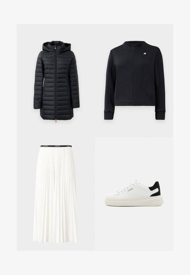 Černý péřový kabát s kapucí, vyznačující se horizontálním prošíváním, hladkým povrchem, plným předním zipem a oranžovými detaily na táhle.; Černá mikina s vysokým límcem, dlouhými rukávy a přiléhavým střihem. Obsahuje malé logo na hrudi a texturovanou látku.; Záhybová bílá sukně s černým elastickým pasem s logem "LACOSTE". Suška je střední délky a má jemnou texturu.; Bílé kožené tenisky s tlustou bílou podrážkou, černým semišovým akcentem na patě a vyraženým logem na boku. Šněrovací design se šesti očka.