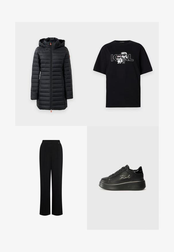 Svart vadderad jacka med huva, med horisontellt quiltat mönster, slät textur, fullständig framdragkedja och orange dragflik.; Svart bomullströja med en grafisk bild av två cartoonfigurer med solglasögon, tillsammans med texten "KARL" i fet stil.; Svarta byxor med vida ben och en mjuk textur. Har en platt framdel, två vertikala veck och en dold midja.; Svarta plattformssneakers med en slät läderöverkropp, plana snören och broderad "Karl"-logotyp på sidan. Rundad tå och tjock sula.