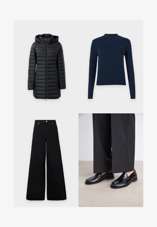 Schwarz gefütterter Mantel mit Kapuze, ausgestattet mit horizontalem Steppmuster, glatter Textur, durchgehendem Reißverschluss und orangen Zuglaschenakzenten.; Marineblaues langärmliges Rollkragenshirt mit gerippter Textur, das ein kleines Logo auf der Brust trägt, mit einem figurbetonten Design und Rundhalsausschnitt.; Schwarze, weit geschnittene Jeans aus Denim mit hoher Taille, zwei vorderen Taschen und goldenen Hardware-Akzenten am Taillenbund.; Schwarze Lederloafers mit glatter Oberfläche, genähten Details um die Zehen und einer niedrigen Gummisohle. Kombiniert mit weiten schwarzen Hosen.