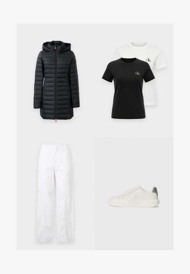 Black padded coat with a hood, featuring horizontal quilted design, smooth texture, full front zipper, and orange pull tab accents.; Black and white short-sleeve t-shirts made from cotton, featuring a crew neck and a small logo on the chest. Smooth texture, classic fit.; White wide-leg trousers made of lightweight fabric, featuring a smooth texture, clean lines, and a high waist design.; White sneaker made of leather with a smooth texture, featuring a silver accent on the heel, flat sole, and minimalistic design.