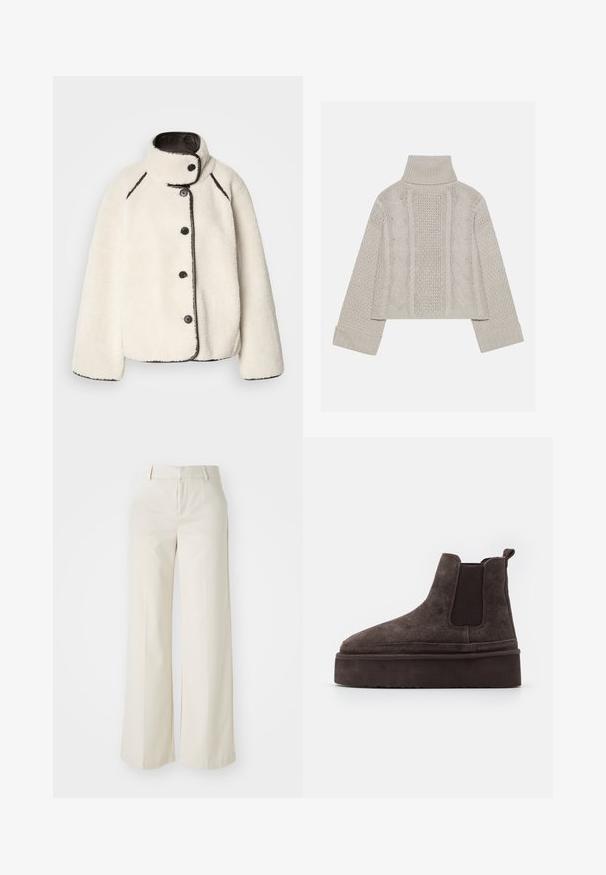 Krēmkrāsas flīsa mēteli ar augstu apkakli, melniem apmalēm un piecām melnām pogām priekšpusē. Iespējama brīva piegriezuma un mīksta tekstūra.; Izgriezts, gaiši pelēks adīts džemperis ar augstu apkakli un ribotiem piedurknēm, ar fakturētām virknēm gar muguru un sāniem.; Platas kājās bikses gaisā bežā krāsā, izgatavotas no gludas auduma. Iezīmē klasisku jostasvietu un plakanu priekšpusi ar tīrām līnijām.; Brūni zamša Chelsea zābaki ar elastīgiem sānu paneļiem un biezas, teksturētas platformas zoli. Iespējams, ir vilkšanas cilpa uz papēža, kas atvieglo uzvilkšanu.